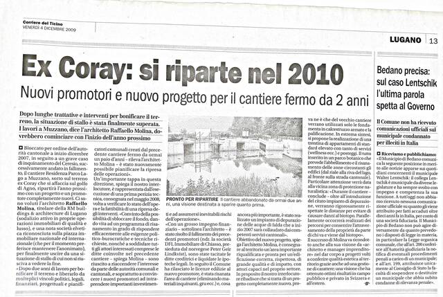 «Ex Coray: si riparte nel 2010»